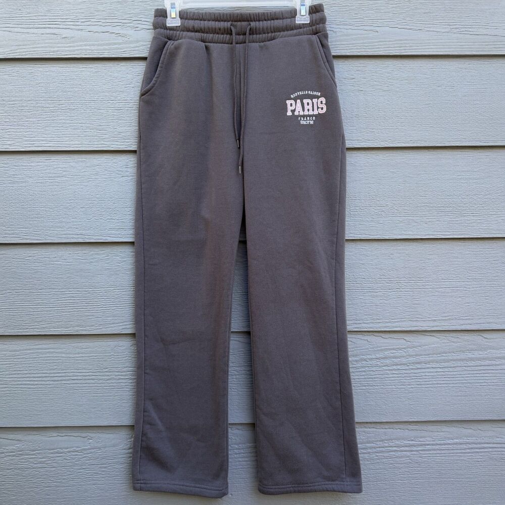 Love Theory Essentials M Paris Graphic Sweatpants Women Gray Fleece Wide Leg